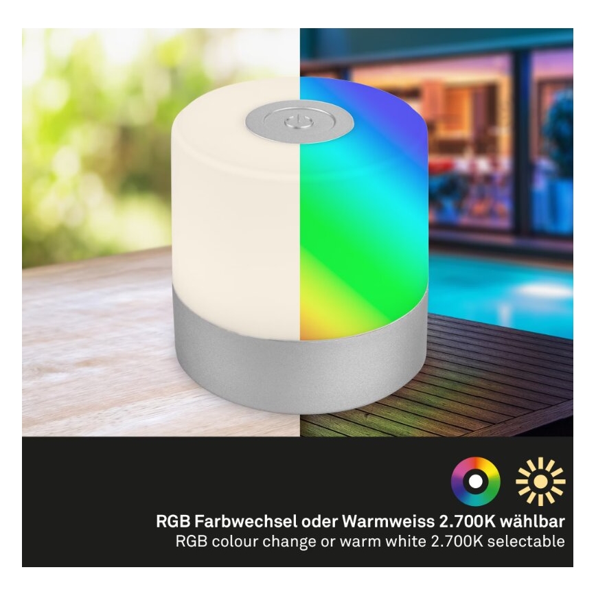 Briloner 7462014 - LED RGB Rechargeable outdoor table lamp LED/1,5W/5V IP44 1200 mAh matte chrome