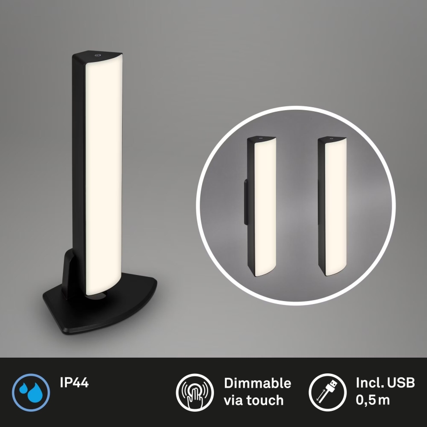 Briloner 7474-015 - LED Dimmable touch rechargeable outdoor table lamp 2in1 LED/7W/5V 2200 mAh USB 3000K IP44 black