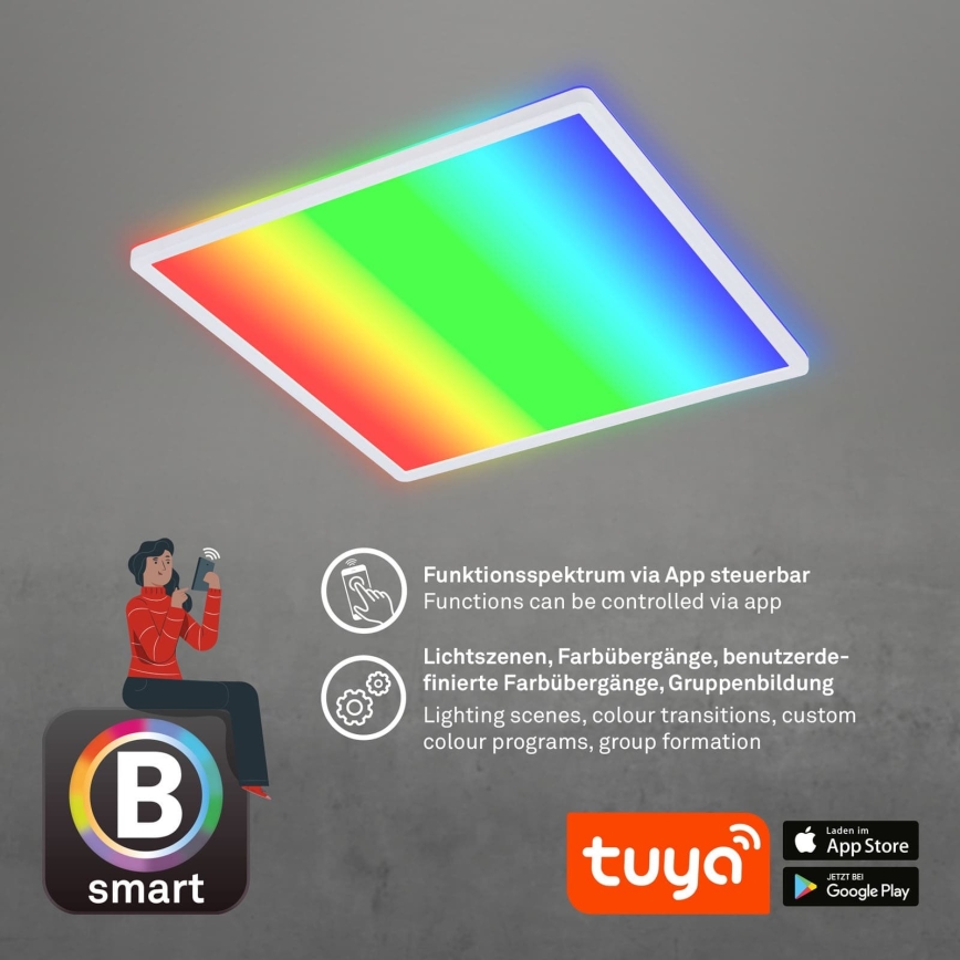 Briloner 7491-016 - RGBW Dimmable Smart LED Ceiling Light, 22W, 230V, 4000K, 42 x 42 cm, Tuya Wi-Fi + Remote Control