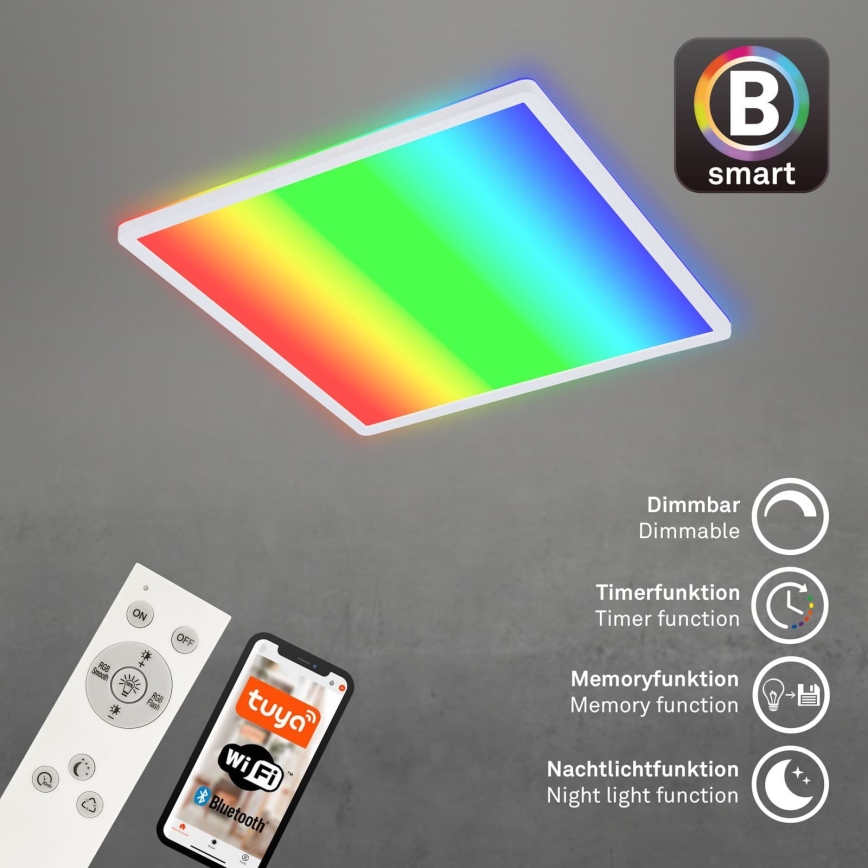 Briloner 7491-016 - RGBW Dimmable Smart LED Ceiling Light, 22W, 230V, 4000K, 42 x 42 cm, Tuya Wi-Fi + Remote Control