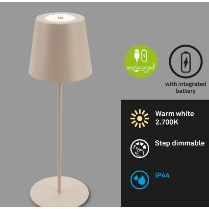 Briloner 7508011 - Dimmable Rechargeable Outdoor 2-in-1 LED Table Lamp, 2.5 W / 5 V, IP44, 1200 mAh, Beige