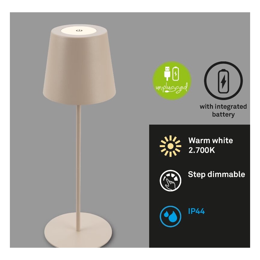 Briloner 7508011 - Dimmable Rechargeable Outdoor 2-in-1 LED Table Lamp, 2.5 W / 5 V, IP44, 1200 mAh, Beige