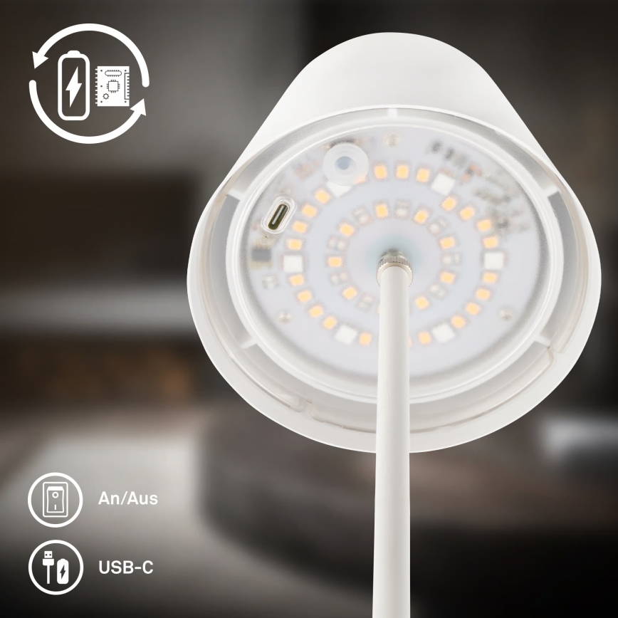 Briloner 7510016 - CALIDA LED RGBW Dimmable Outdoor Rechargeable Table Lamp, LED 2.5W/5V, IP44, 1200 mAh, White