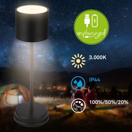 Briloner 7521015 - SIGO LED Dimmable Outdoor Rechargeable Table Lamp, LED 2.5W/5V, IP44, 2600 mAh, Black