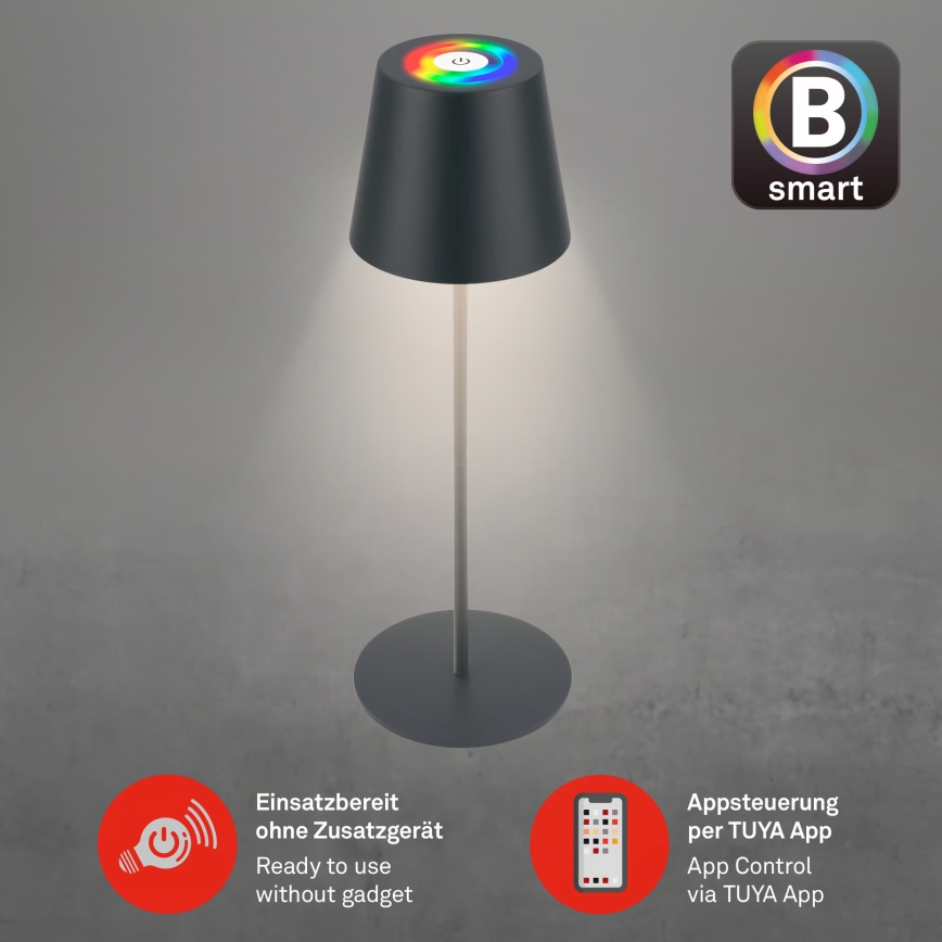 Briloner 7559015 - COLORIS LED RGB Dimmable Rechargeable Outdoor Table Lamp LED/3,5W/5V IP44 2000 mAh Anthracite Wi-Fi Tuya