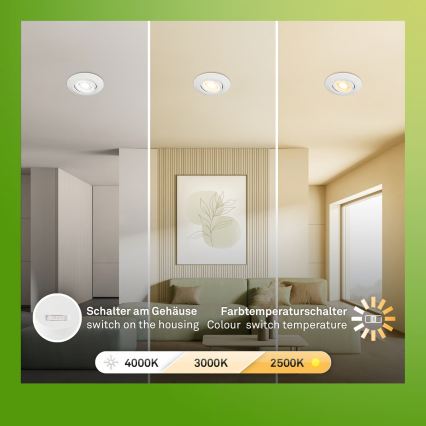 Briloner 7586036 - Set of 3 KLIRA bathroom recessed LED downlights, 4.9W/230V, 2500/3000/4000K, IP23, white