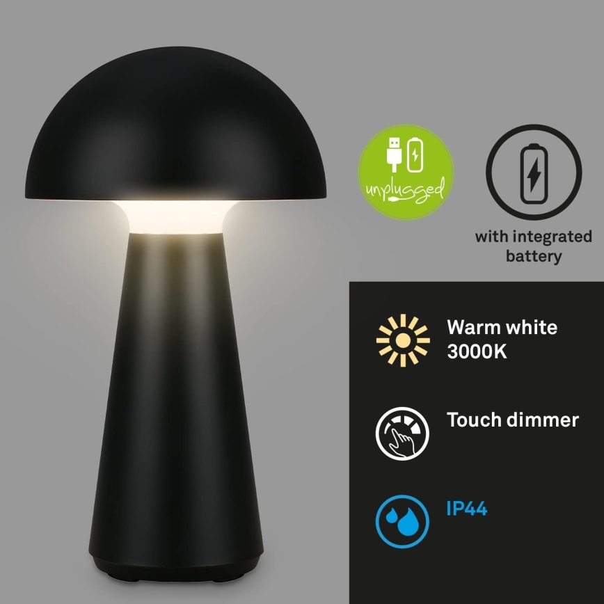Briloner - LED Dimmable Rechargeable Touch-Sensitive Outdoor Table Lamp LED/2,6W/5V 3000K IP44 2000 mAh Black