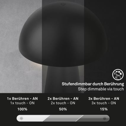 Briloner - LED Dimmable Rechargeable Touch-Sensitive Outdoor Table Lamp LED/2,6W/5V 3000K IP44 2000 mAh Black