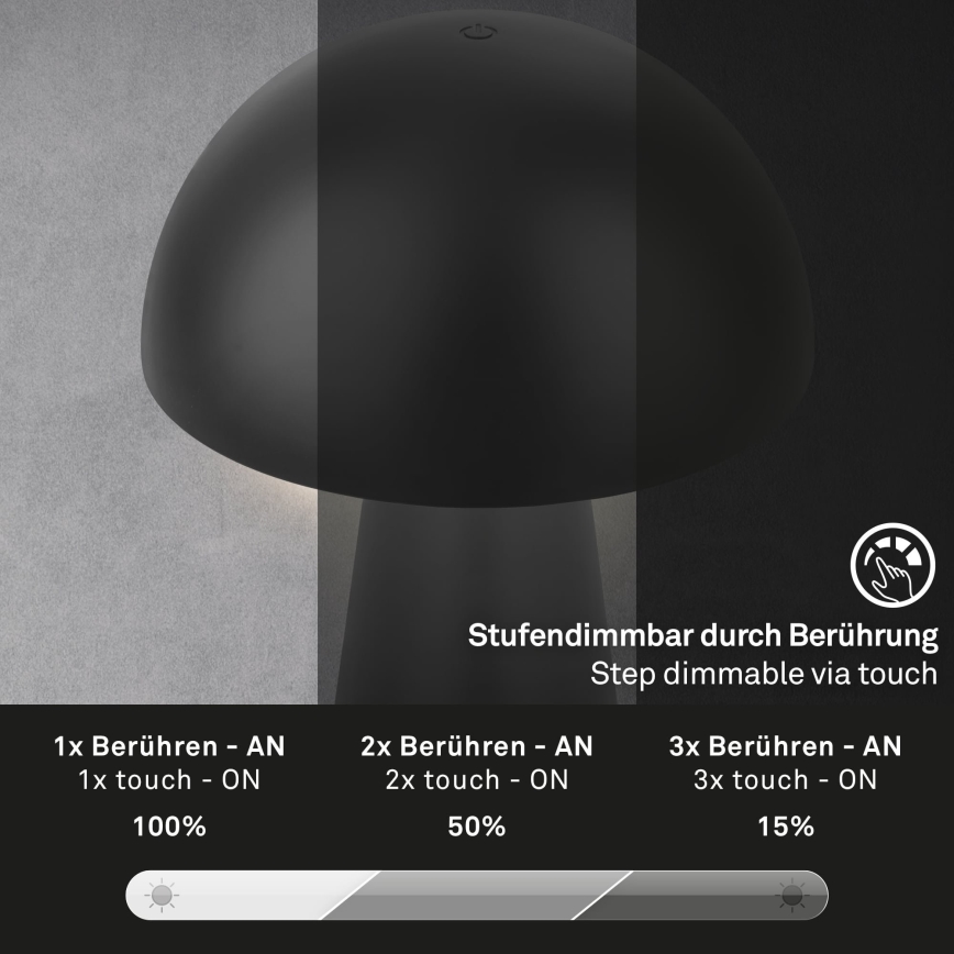 Briloner - LED Dimmable Rechargeable Touch-Sensitive Outdoor Table Lamp LED/2,6W/5V 3000K IP44 2000 mAh Black