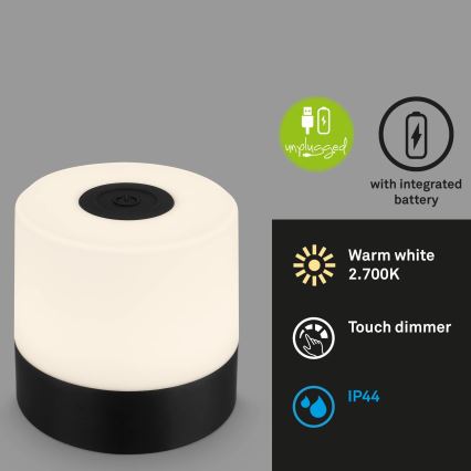 Briloner - Dimmable Rechargeable Touch-Control LED Outdoor Table Lamp, 2W/5V, 2700K, IP44, 1200 mAh, Black