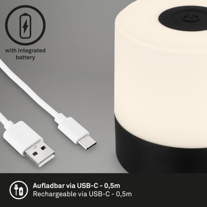 Briloner - Dimmable Rechargeable Touch-Control LED Outdoor Table Lamp, 2W/5V, 2700K, IP44, 1200 mAh, Black