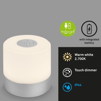 Briloner - Dimmable rechargeable touch-controlled outdoor table lamp LED/2W/5V 2700K IP44 1200 mAh matte chrome