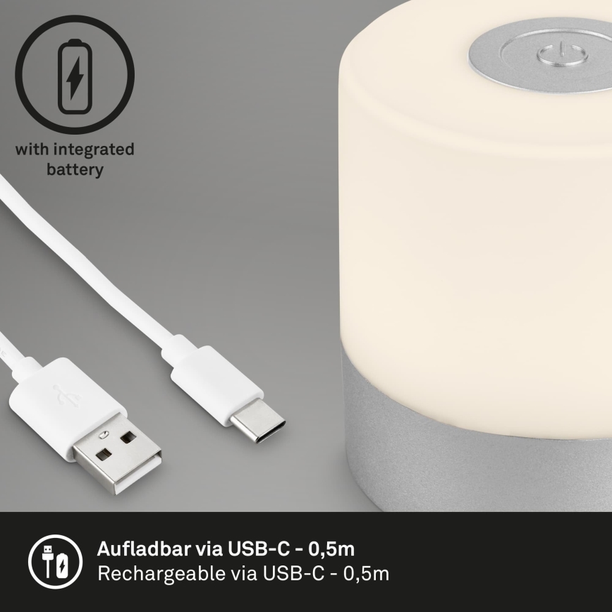Briloner - Dimmable rechargeable touch-controlled outdoor table lamp LED/2W/5V 2700K IP44 1200 mAh matte chrome