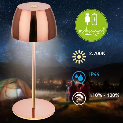 Briloner - MINI LED Rechargeable Dimmable Touch Outdoor Table Lamp, LED/2.5W/5V, IP44, 1800 mAh, Copper