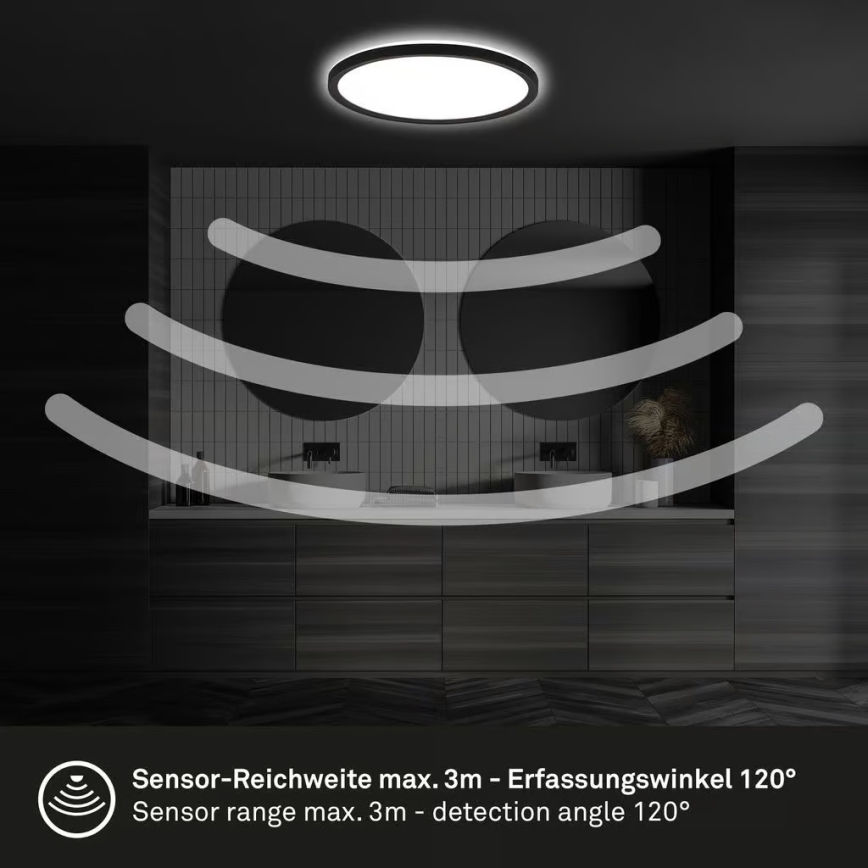 Briloner - MOVE LED Bathroom Ceiling Light with Motion Sensor, LED/18W/230V, IP44, Ø29 cm, Black