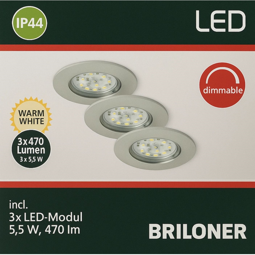 Briloner - SET 3x LED Dimmable bathroom recessed light LED/5,5W/230V IP44