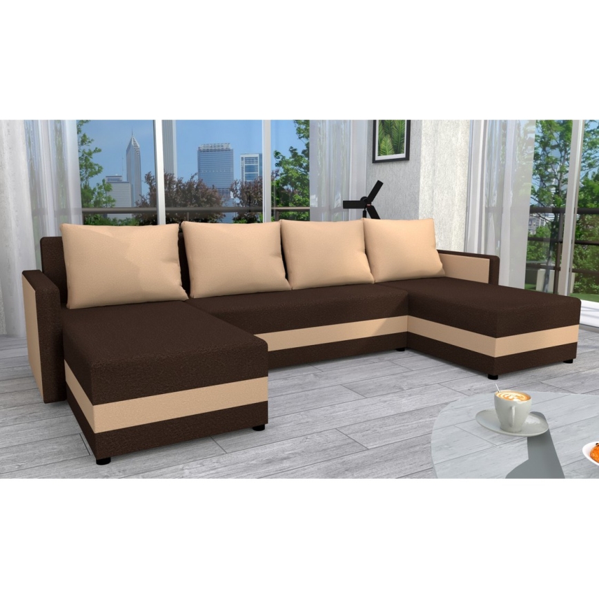 BRISTOL U-shaped Universal Upholstered Corner Sofa Bed — Brown/Beige