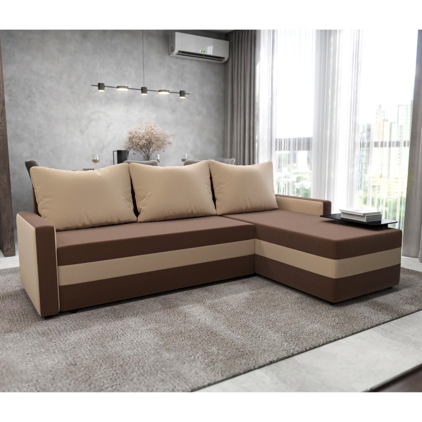BRISTOL Upholstered Reversible L-Shaped Corner Sofa Bed, Brown/Beige