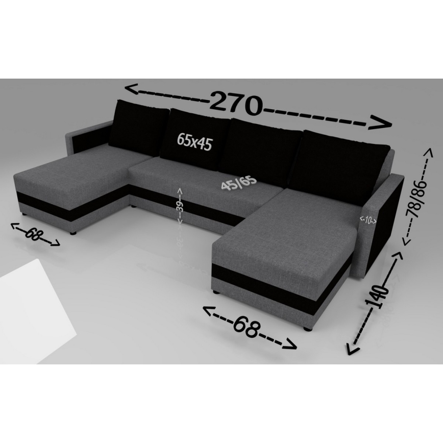 BRISTOL Upholstered Reversible U-Shaped Sofa Bed - Grey/Black