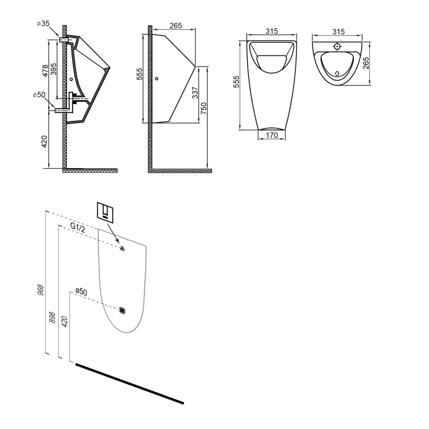 Bruckner - Urinal SCHWARN rear inlet, rear outlet + built-in flush valve 6V DC white