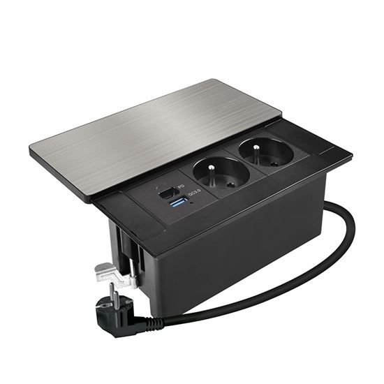 Built-in power outlet with 65W wireless charging, dual AC sockets + USB-A + USB-C