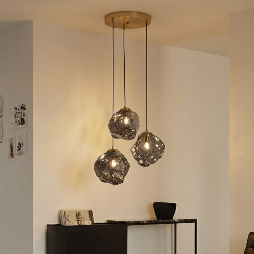Cable-suspended chandelier CRISTAL 3xE14/15W/230V brass/smoked black
