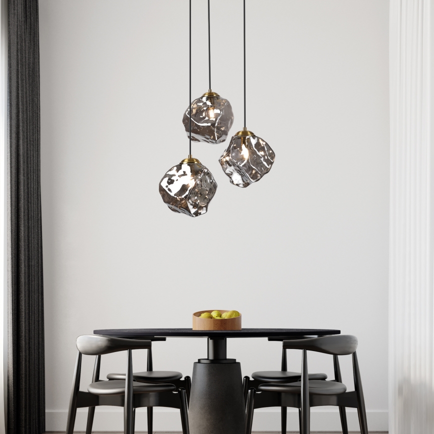 Cable-suspended chandelier CRISTAL 3xE14/15W/230V brass/smoked black