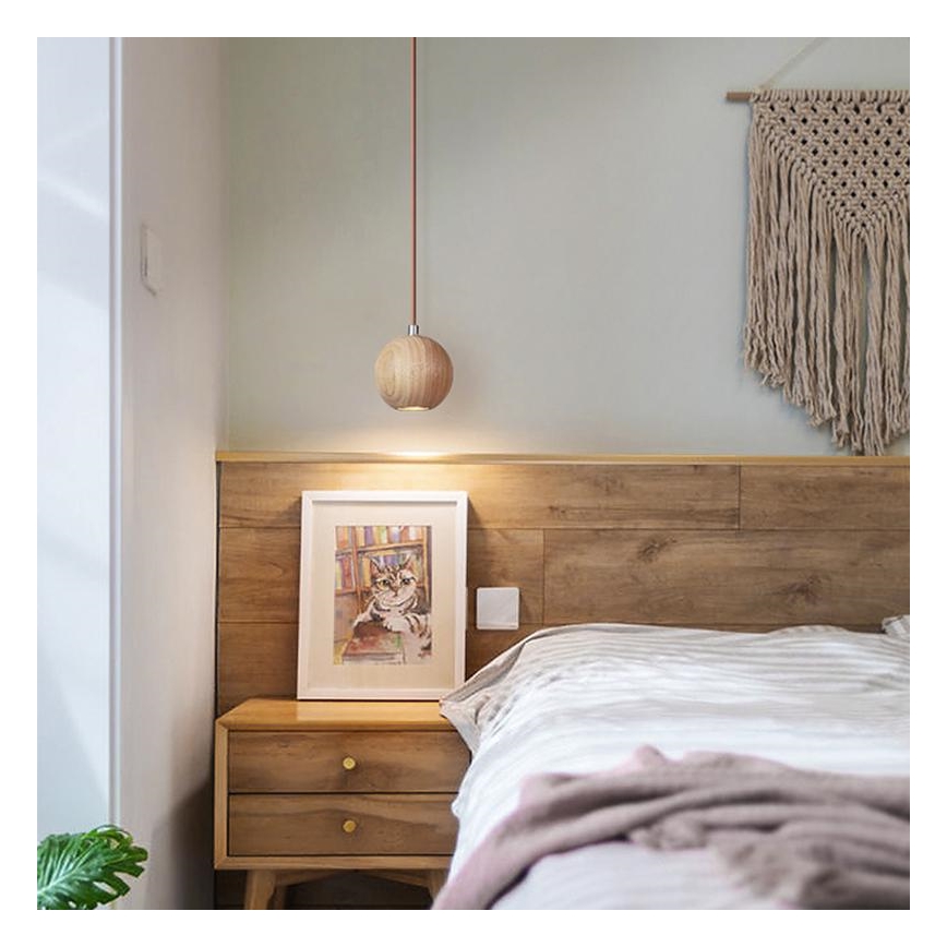 Cable-suspended pendant light 1xGU10/10W/230V, diameter 11 cm, solid ash wood