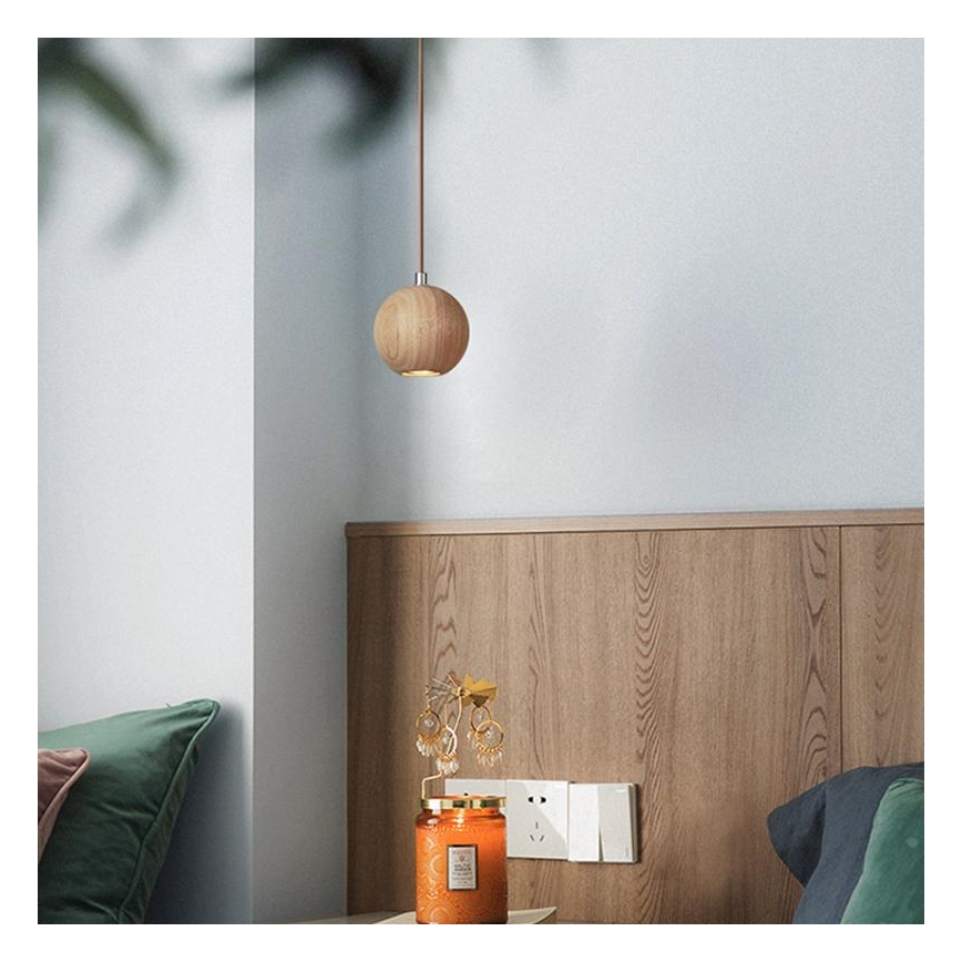 Cable-suspended pendant light 1xGU10/10W/230V, diameter 11 cm, solid ash wood
