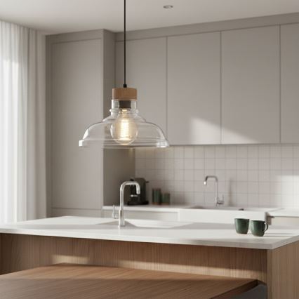 Cable-suspended SINGLE pendant light, 1x E27/60W/230V, Ø 28 cm, oak