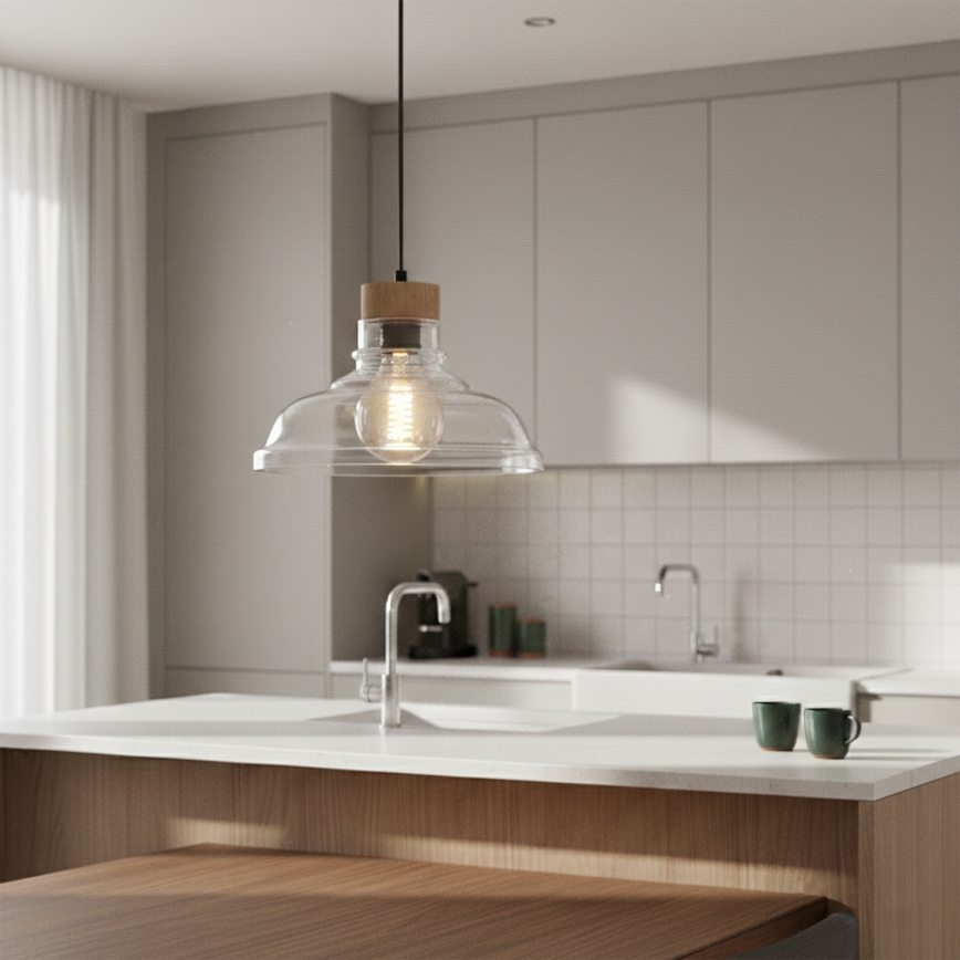 Cable-suspended SINGLE pendant light, 1x E27/60W/230V, Ø 28 cm, oak