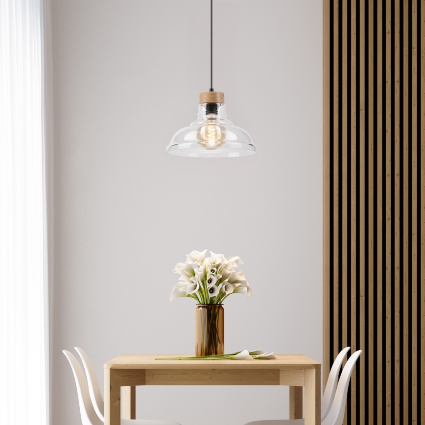 Cable-suspended SINGLE pendant light, 1x E27/60W/230V, Ø 28 cm, oak