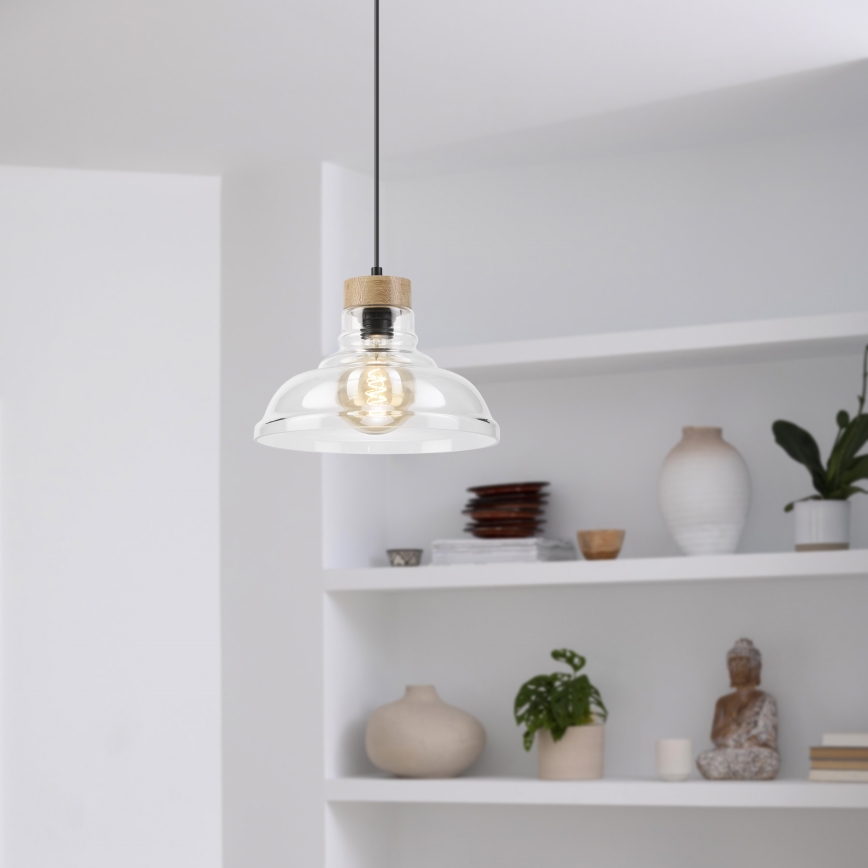 Cable-suspended SINGLE pendant light, 1x E27/60W/230V, Ø 28 cm, oak