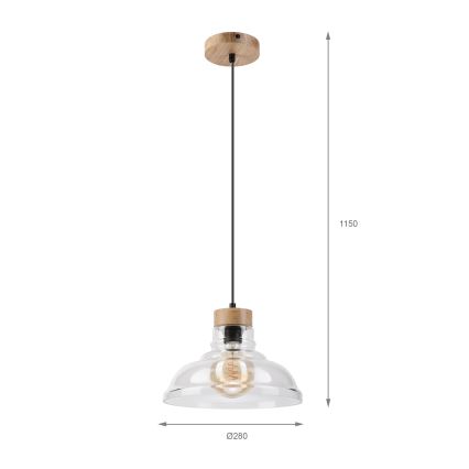 Cable-suspended SINGLE pendant light, 1x E27/60W/230V, Ø 28 cm, oak