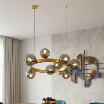 Cable-suspended SOLARI chandelier 9xE14/15W/230V gold/smoked black