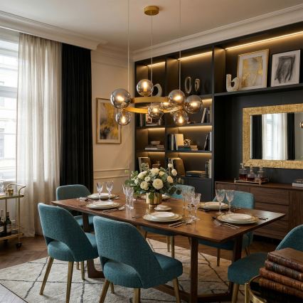 Cable-suspended SOLARI chandelier 9xE14/15W/230V gold/smoked black