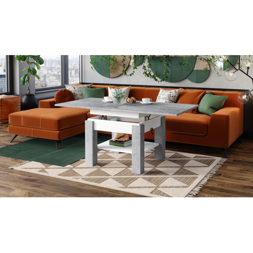 CALEB Extendable Lift-Top Coffee/Dining Table, Concrete Grey/White