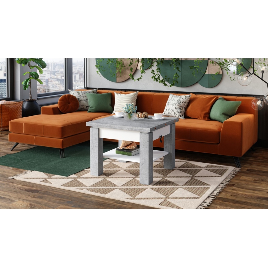 CALEB Extendable Lift-Top Coffee/Dining Table, Concrete Grey/White