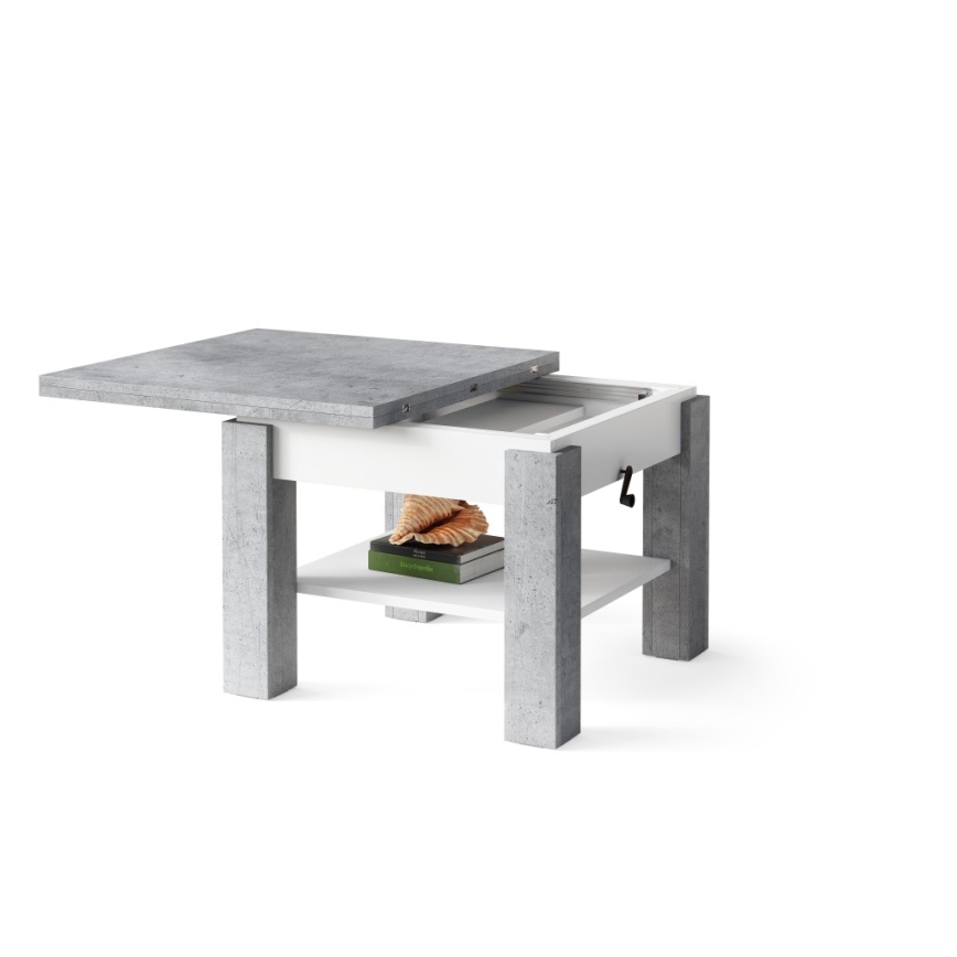 CALEB Extendable Lift-Top Coffee/Dining Table, Concrete Grey/White