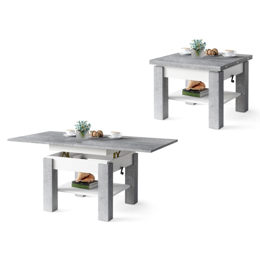 CALEB Extendable Lift-Top Coffee/Dining Table, Concrete Grey/White