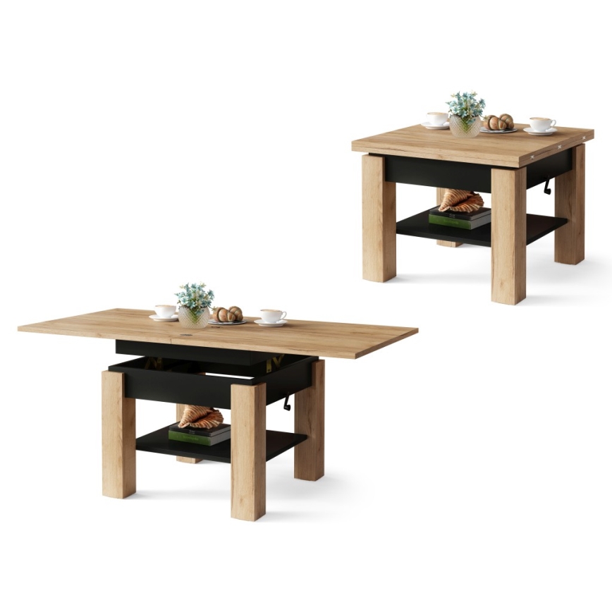 CALEB Extendable Lift-Top Coffee Table 75/150x75 cm, Craft Oak/Black
