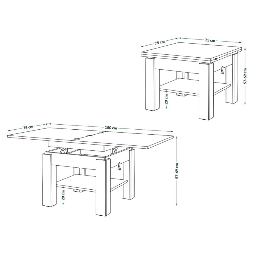 CALEB Extendable Lift-Top Coffee Table 75/150x75 cm, Craft Oak/Black