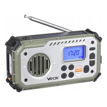 Camping radio with hand crank, solar panel and LED flashlight with power bank function, 5V / 3×AAA / 2000 mAh, IPX4, green