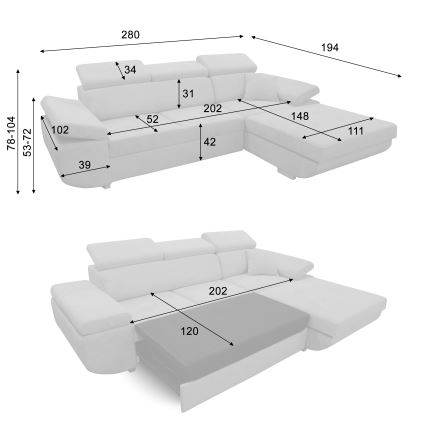 CASTELO Right-Hand L-Shaped Corner Sofa Bed with Storage, Grey