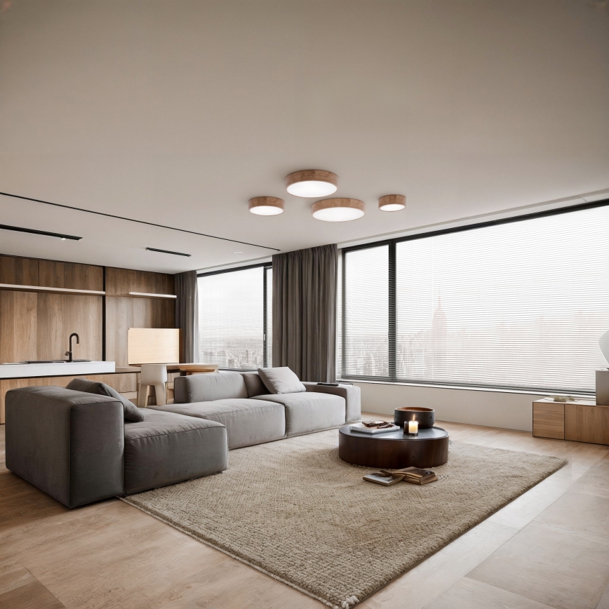 CLEO ceiling light with motion and dusk sensor, 2xE27/24W/230V, dia. 27.5 cm, oak