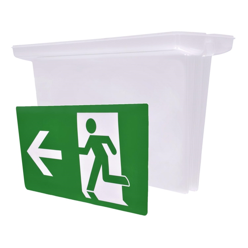 Ceiling-mounted emergency lighting sign with pictograms