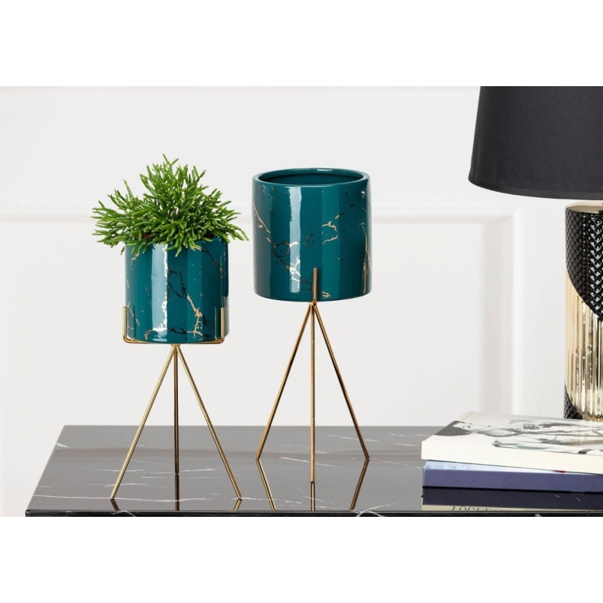 Ceramic flowerpot EMMA 28,3x13 cm green/gold