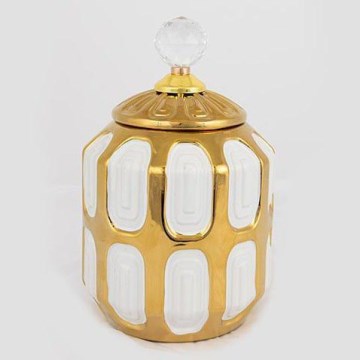 Ceramic jar 18,2x15 cm gold/white