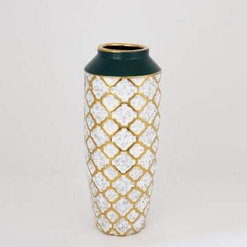 Ceramic vase 31x12,5 cm white/gold/green