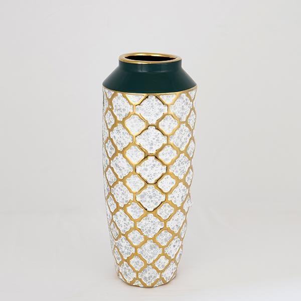 Ceramic vase 31x12,5 cm white/gold/green